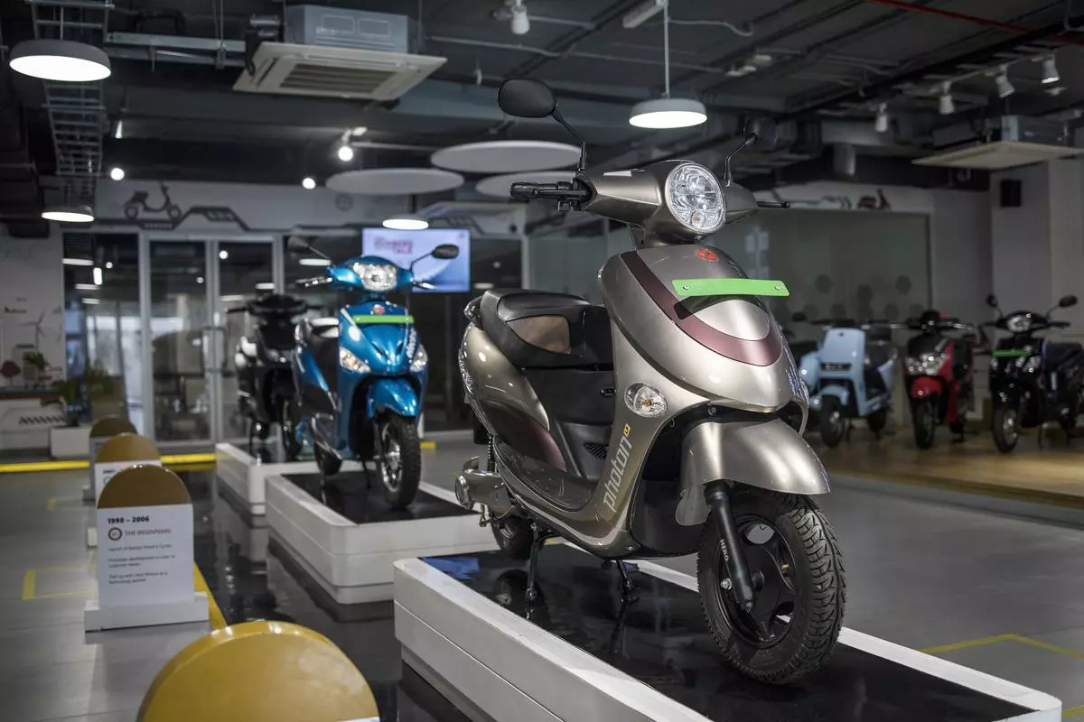 A Hero Photon electric scooter, front, on display at the Hero Electric Vehicles Pvt. headquarters in Gurgaon
