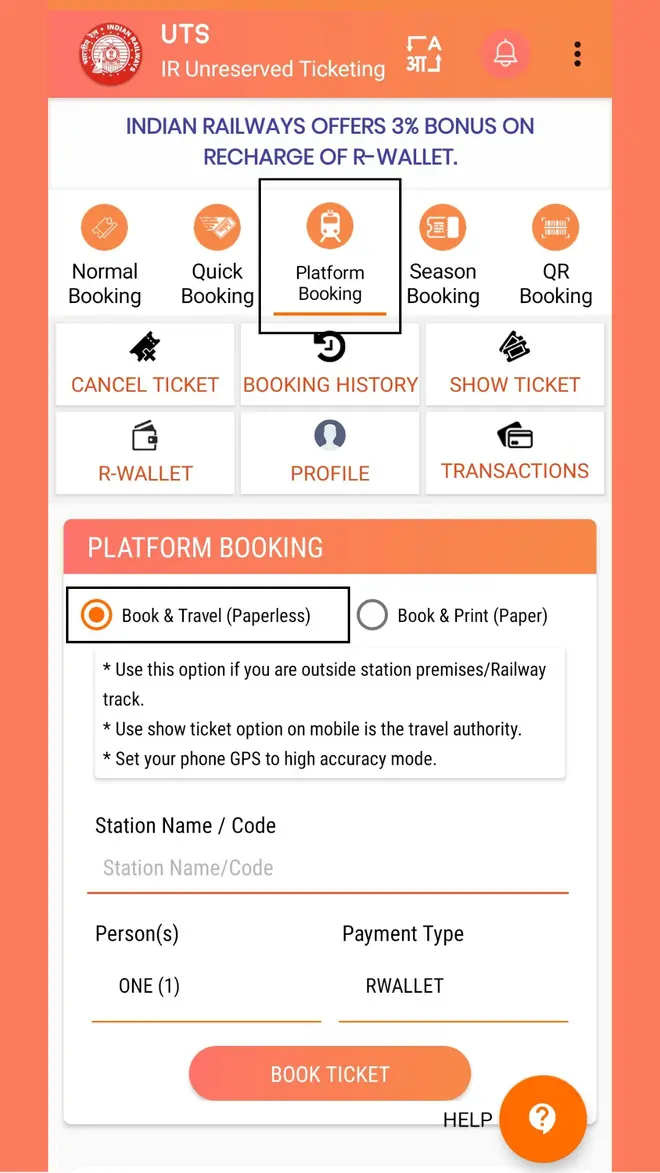 Platform booking in UTS app Platform booking in UTS app