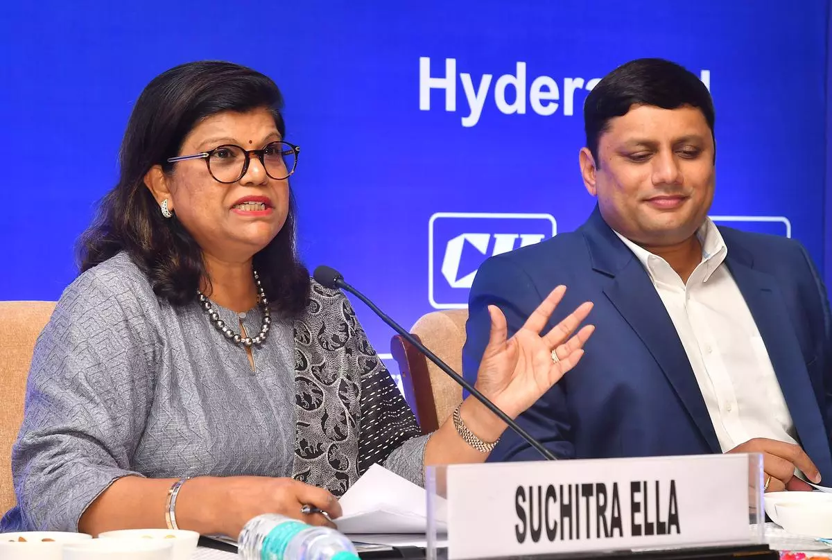 Chairperson CII Southern region Suchitra Ella with Regional director CII Southern Region NMP. Jayesh addressing media conference in Hyderabad, on Wednesday