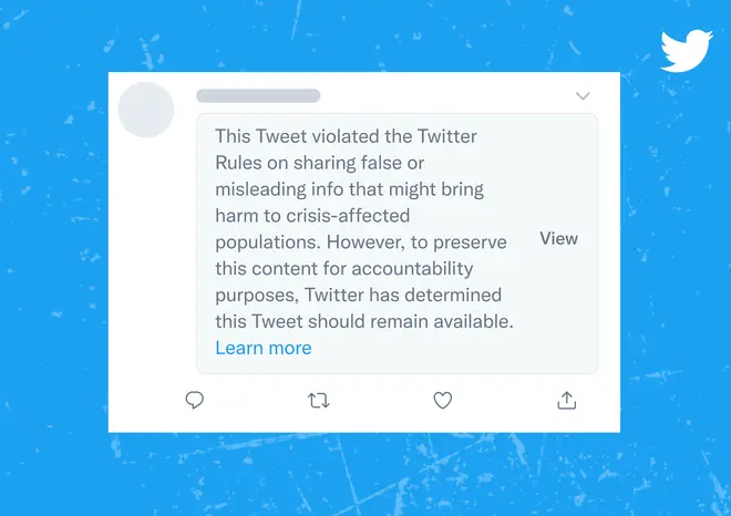 Warning notice on tweets that violate the crisis misinformation policy Warning notice on tweets that violate the crisis misinformation policy