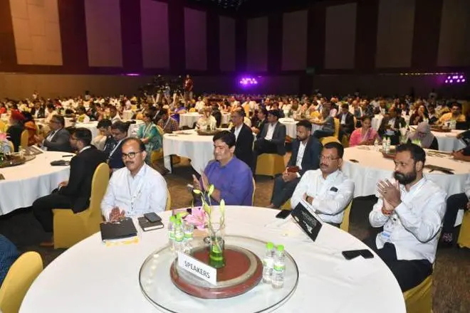 Seen are the delegates who have attended the Food Conclave 2023 event at Hyderabad. About 100 top leaders from agri, food processing industry and policy makers are speaking at the conference which is focussing on the five revolutions of – Green (agriculture), Yello (edible oils), Blue (aquaculture), Pink (meat and poultry) and White (dairy), discussing the opportunities in these areas. Photo: Nagara Gopal Seen are the delegates who have attended the Food Conclave 2023 event at Hyderabad. About 100 top leaders from agri, food processing industry and policy makers are speaking at the conference which is focussing on the five revolutions of – Green (agriculture), Yello (edible oils), Blue (aquaculture), Pink (meat and poultry) and White (dairy), discussing the opportunities in these areas. Photo: Nagara Gopal