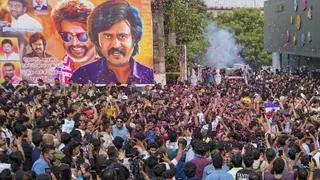 Fans of superstar Rajinikanth celebrate the release of his new film ‘Coolie’, outside a movie theatre in Chennai, Thursday, Aug. 14, 2025.  The Lokesh Kanagaraj directorial marks Rajinikanth’s 171st film, featuring him as a coolie who fights a corrupt syndicate, with Nagarjuna as antagonist and Aamir Khan in a cameo.