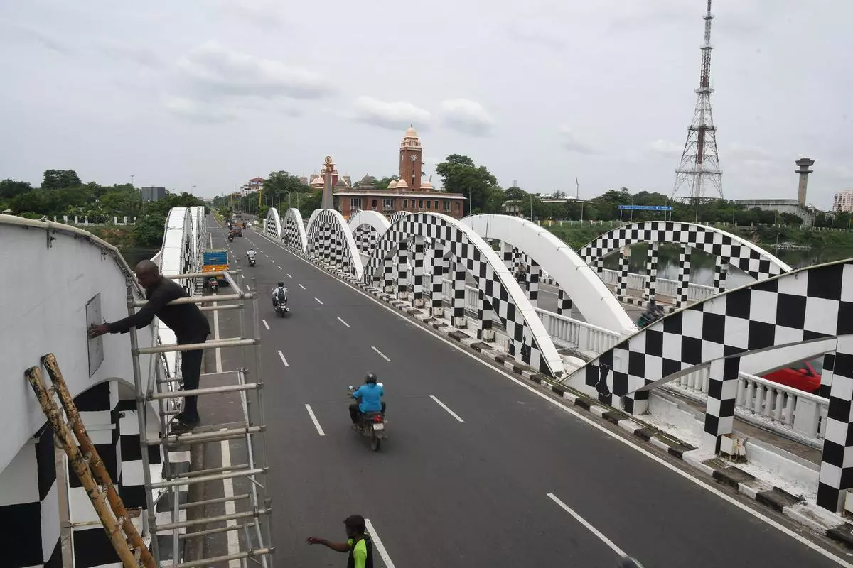 Napier bridge in Chennai is being  painted like a  chess board ahead of the 44th World Chess Olympiad to be held  from  Jully 28 to August 10 at Mahapulipuram, 60-km away from the city