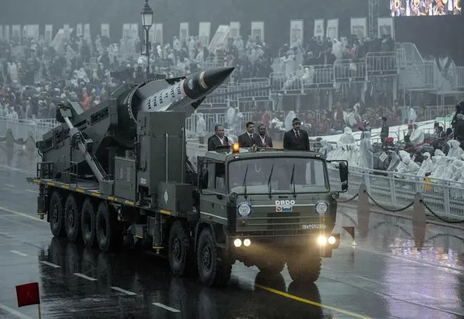 DRDO's Long Range – Anti Ship Missile (LRAShM) during the full dress rehearsal of the Republic Day parade 2026, amid rains, at Kartavya Path, in New Delhi on Friday. DRDO's Long Range – Anti Ship Missile (LRAShM) during the full dress rehearsal of the Republic Day parade 2026, amid rains, at Kartavya Path, in New Delhi on Friday.