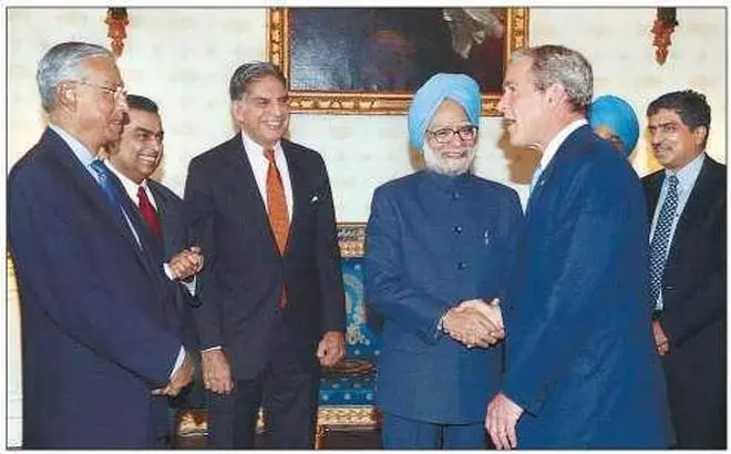 The Prime Minister, Dr. Manmohan Singh, and the US President, Mr. George W. Bush, are seen with members of the CEOs’ Forum (from left) Mr. Ashok Ganguly, Mr. Mukesh Ambani, Mr. Ratan Tata, and Mr. Nandan Nilekani during a meeting at the White House on Monday.