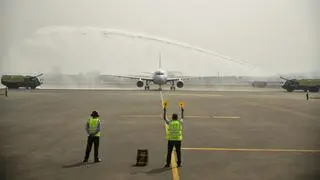 An Indigo aircraft makes its landing at Navi Mumbai International Airport as it witnessed its first commercial aircraft landing, in Navi Mumbai, December 29, 2024. An Indigo aircraft makes its landing at Navi Mumbai International Airport as it witnessed its first commercial aircraft landing, in Navi Mumbai, December 29, 2024.
