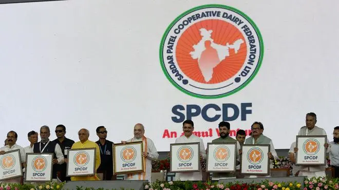 Union Home and Cooperation Minister Amit Shah along with Gujarat Chief Minister Bhupendra Patel and others unveiled the logo of the newly launched Sardar Patel Co-operative Dairy Federation Ltd during in Anand, Gujarat on Sunday 