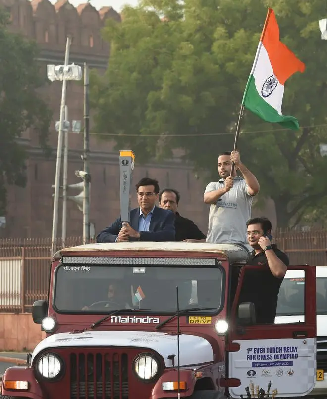 Indian chess Grandmaster Vishwanathan Anand holds the torch as torch relay for 44th Chess Olympiad begins, at Red Fort in New Delhi, Monday, June 20, 2022 Indian chess Grandmaster Vishwanathan Anand holds the torch as torch relay for 44th Chess Olympiad begins, at Red Fort in New Delhi, Monday, June 20, 2022