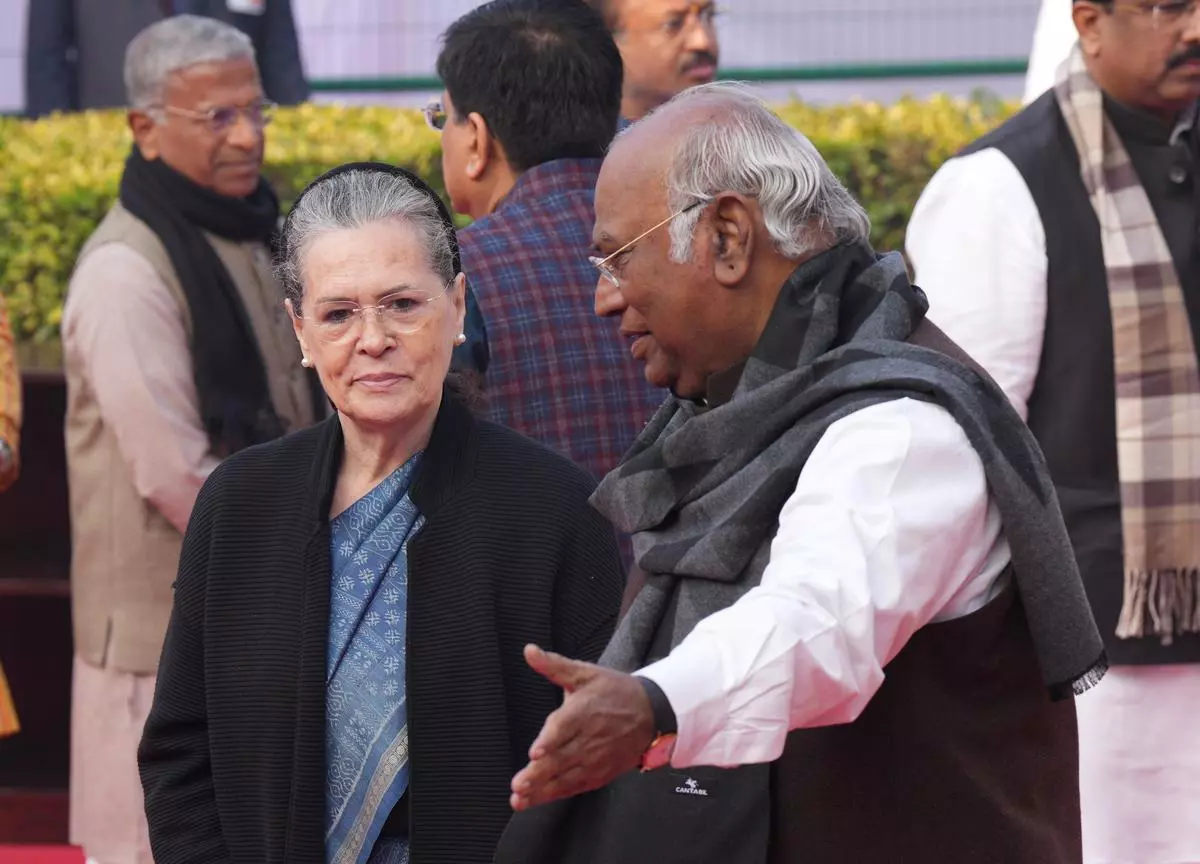 Congress President Mallikarjun Kharge with senior party leader Sonia Gandhi at a ceremony to pay homage to Babasaheb B.R. Ambedkar on his Mahaparinirvan Diwas, at Parliament House Complex in New Delhi