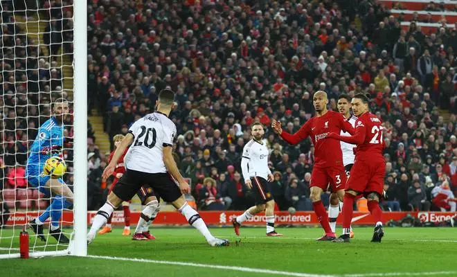 Liverpool’s Darwin Nunez scores their second goal past Manchester United’s David de Gea