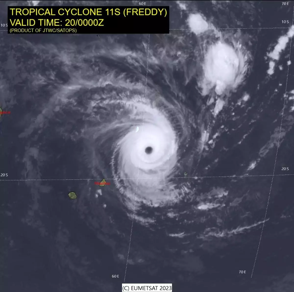 Screen grab of intense cyclone Freddy over the South-West Indian Ocean featured an eye at the centre, indicating its strength and intensity
