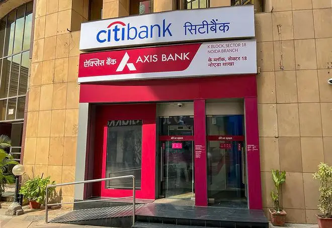 Gurugram: A bank entrance showing signage for Citibank and Axis bank, in Noida, Wednesday, March 1, 2023 Gurugram: A bank entrance showing signage for Citibank and Axis bank, in Noida, Wednesday, March 1, 2023