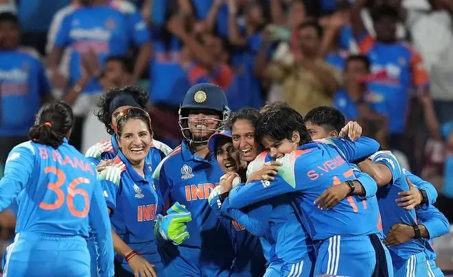India’s players celebrate after winning the ICC Women's World Cup final ODI cricket match between India Women and South Africa Women, at the DY Patil Stadium, in Navi Mumbai, Sunday, Nov. 2, 2025.   India’s players celebrate after winning the ICC Women's World Cup final ODI cricket match between India Women and South Africa Women, at the DY Patil Stadium, in Navi Mumbai, Sunday, Nov. 2, 2025.