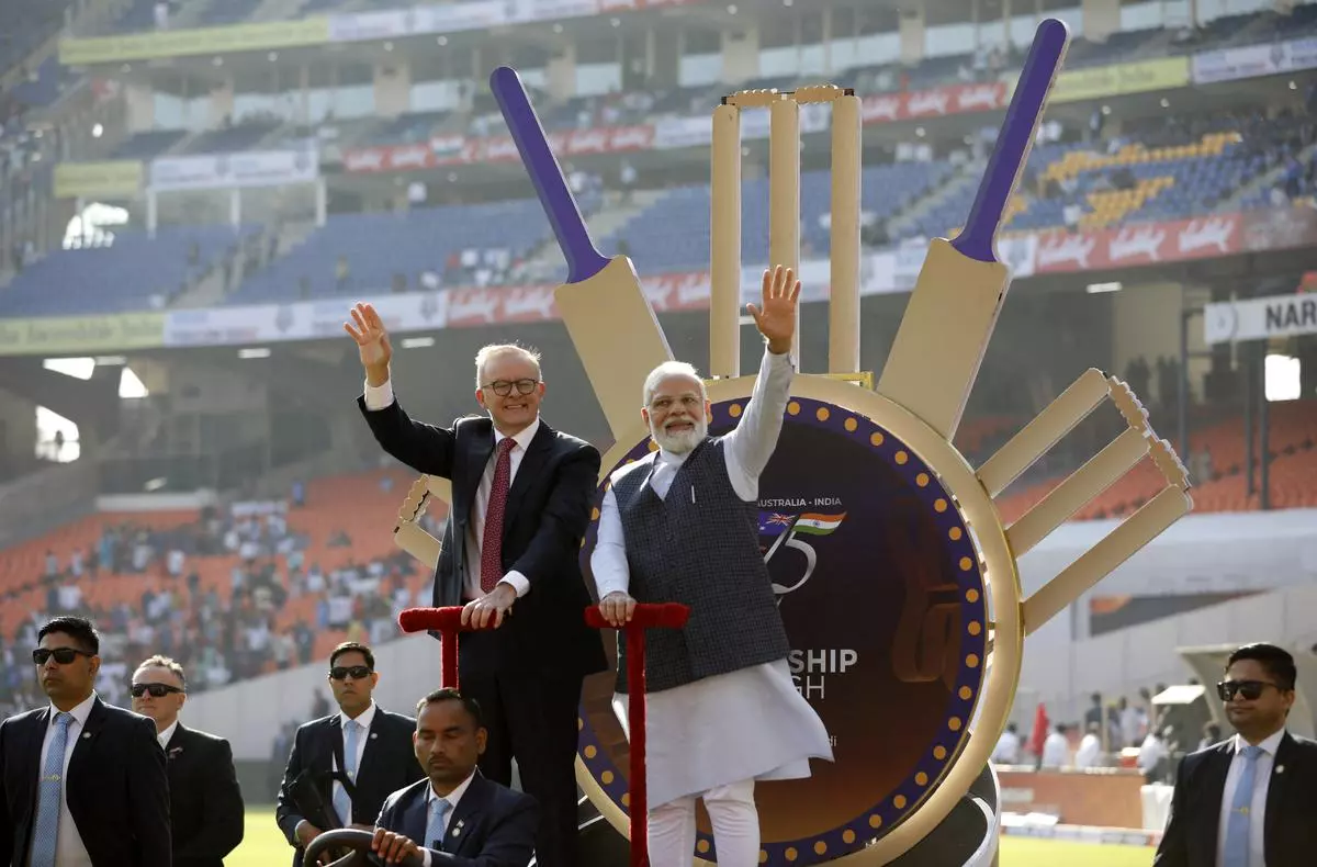 India Prime Minister Narendra Modi and Australia Prime Minister Anthony Albanese at the Narendra Modi stadium on March 09, 2022