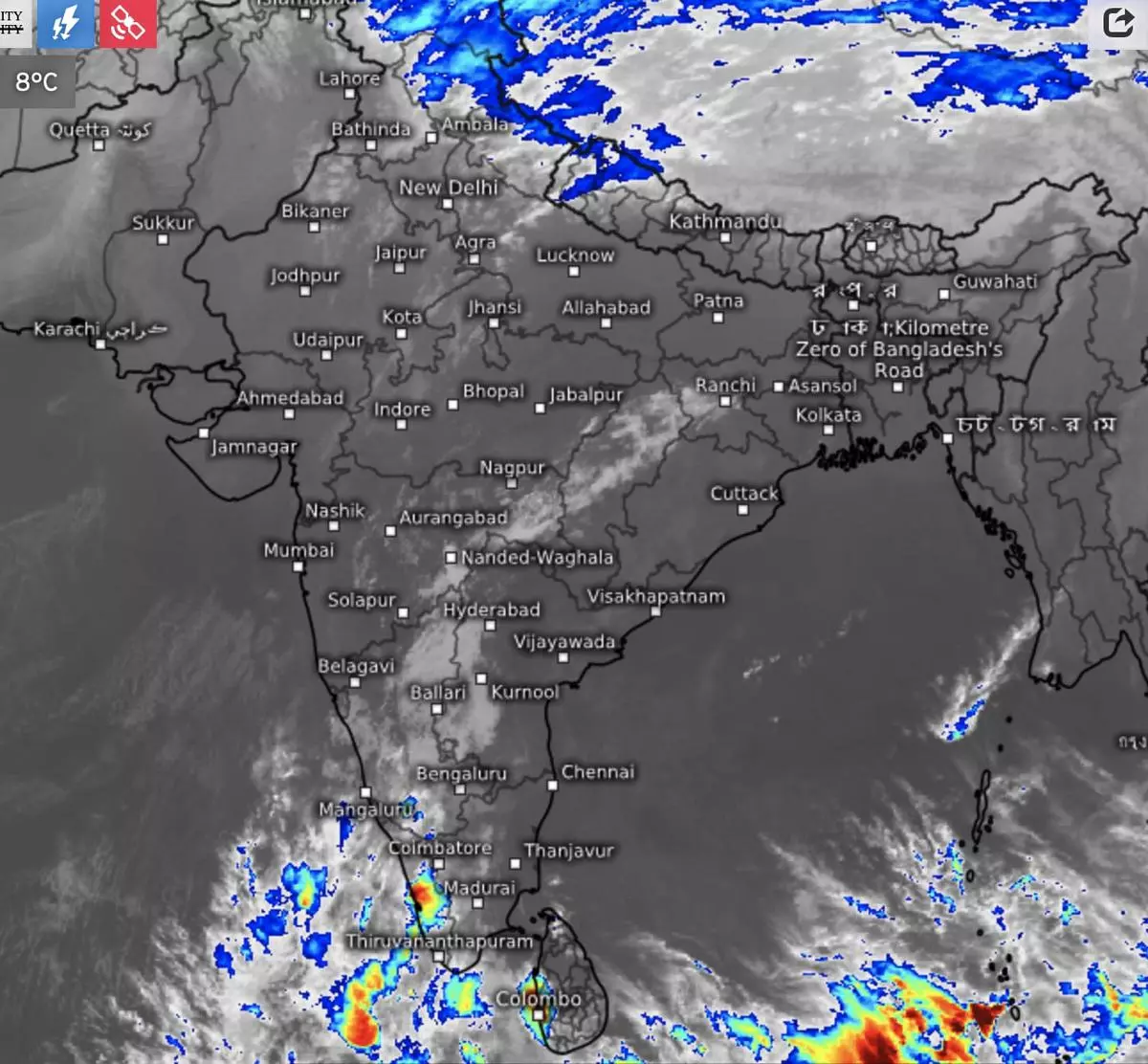 Satellite pictures on Tuesday evening showed clouds, rain and snow (in blue) over North-West India from an active western disturbance even as thunderclouds (in red) sprouted over the Bay of Bengal and the South Peninsula. 