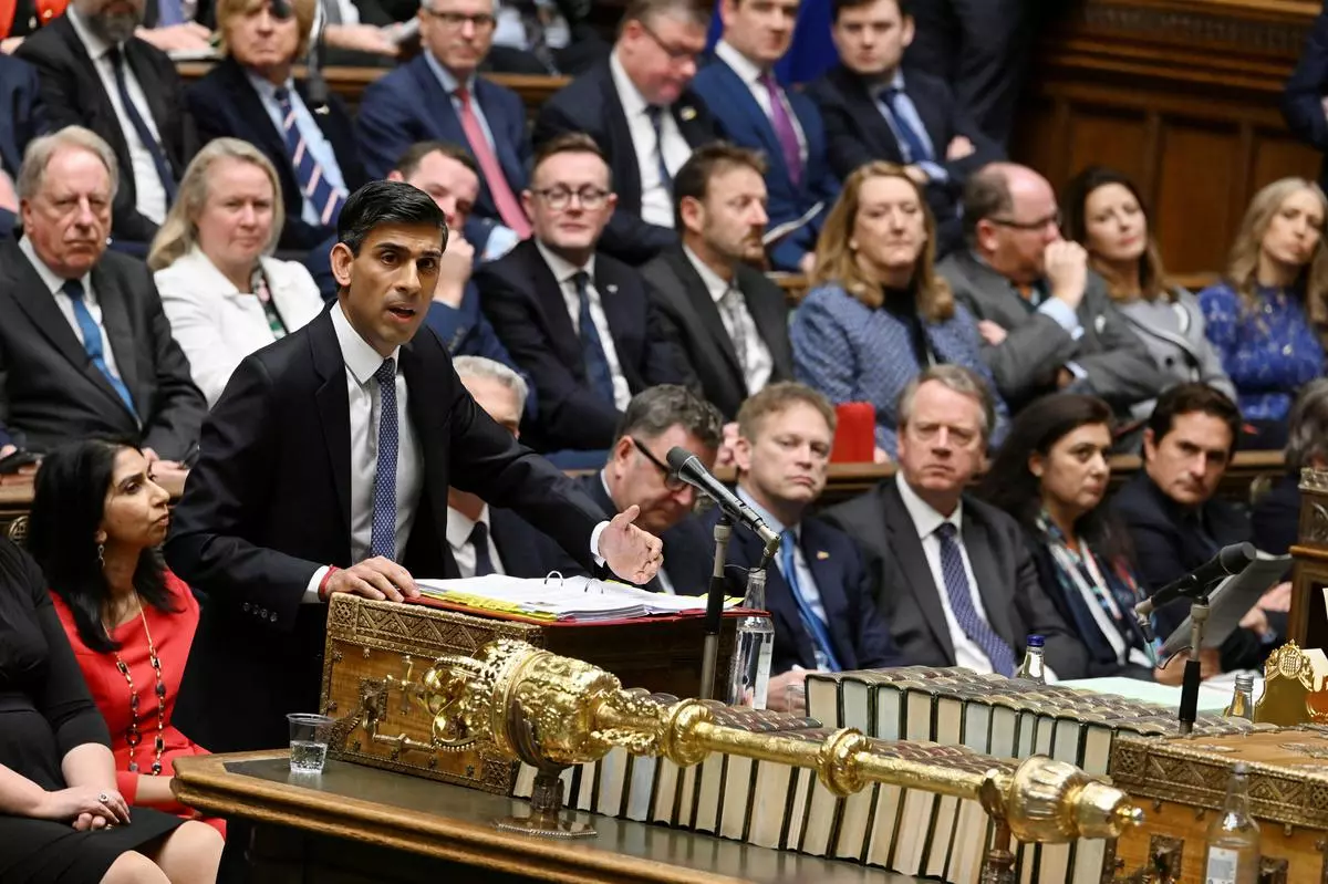 British Prime Minister Rishi Sunak speaks at the House of Commons in London, Britain, 
