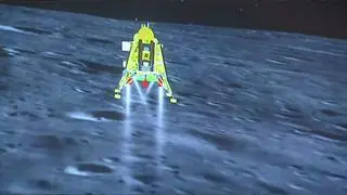 **EDS: GRAB VIA ISRO’S YOUTUBE** Bengaluru: A screenshot shows a representation of Chandrayaan-3's successful landing on the Moon’s surface, Wednesday, Aug. 23, 2023. (PTI Photo) (PTI08_23_2023_000236B) **EDS: GRAB VIA ISRO’S YOUTUBE** Bengaluru: A screenshot shows a representation of Chandrayaan-3's successful landing on the Moon’s surface, Wednesday, Aug. 23, 2023. (PTI Photo) (PTI08_23_2023_000236B)