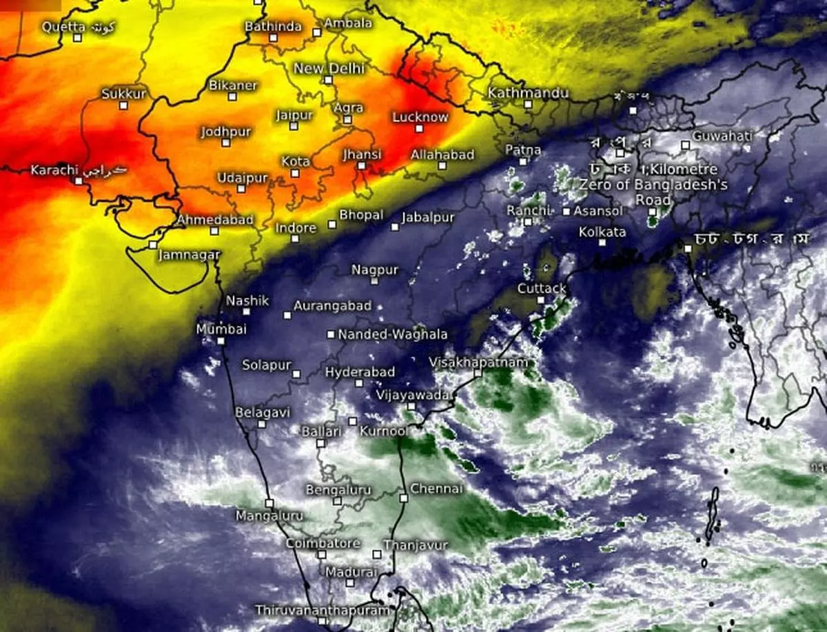 Dry air and cloudless skies (orange and yellow) seem to cover North-West India on Thursday noon even as clouds and moisture (white and green) build up over parts of Tamil Nadu, Karnataka and Andhra Pradesh on the eve of the normal closure of the monsoon season. 