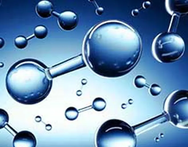 Models of molecule hydrogen floating against blue background - H2 scientific element Models of molecule hydrogen floating against blue background - H2 scientific element