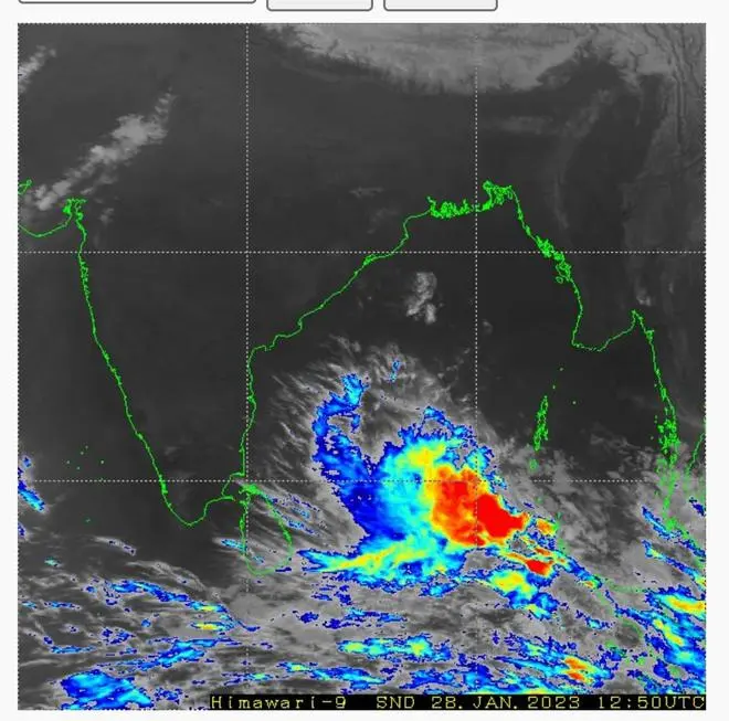 Thunderclouds around the low-pressure area over South-West Bay of Bengal captured by Japanese Himawari satellite in this screen grab Thunderclouds around the low-pressure area over South-West Bay of Bengal captured by Japanese Himawari satellite in this screen grab