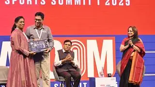 President, Indian Olympic Association, P.T. Usha, existing a keepsake by L.V. Navaneeth, CEO, The Hindu Group, throughout the Sportstar KPMG Playcom Business of Sports Summit 2025, at Bharat Mandapam in New Delhi on Friday. Sports Minister, Mansukh Mandaviya, Chairperson of The Hindu Group, Nirmala Lakshman are likewise seen. 