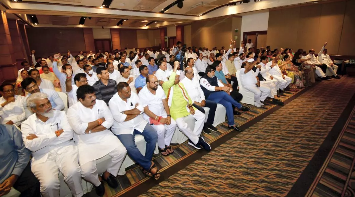 Rebel MLA,s during first Joint Meeting of Shivsena BJP at a hotel in Mumbai, late Saturday night, July 2, 2022 ahead of special session of Maharashtra Assembly. (PTI)