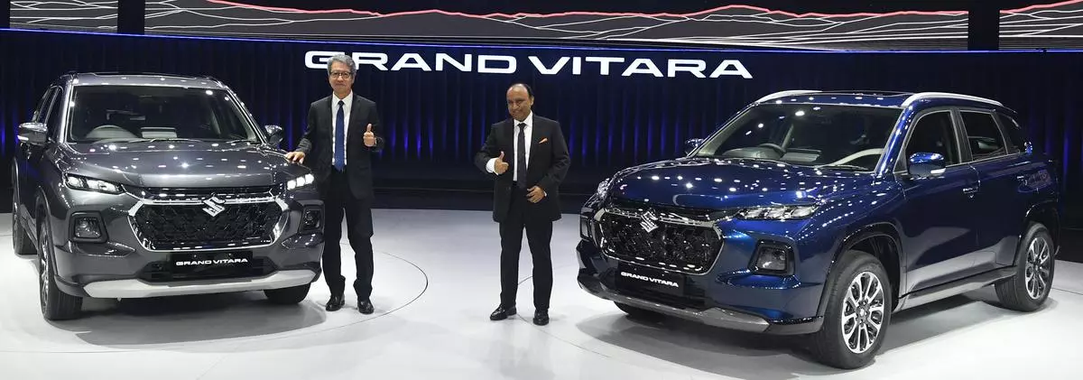 Hisashi Takeuchi (left), MD & CEO of Maruti Suzuki India Limited, and Shashank Srivastava, Senior Executive Director, Marketing & Sales, at the unveiling of ‘Grand Vitara’ SUV in Gurugram, Haryana