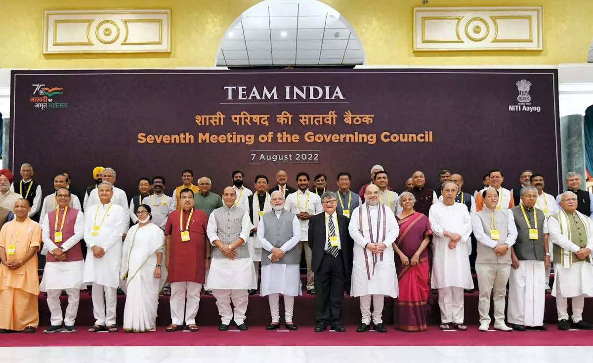 Prime Minister Narendra Modi and other Ministers and Chief Ministers of States/UTs at the 7th Governing Council meeting of NITI Aayog at the Rashtrapati Bhawan Cultural Centre, in New Delhi, on Sunday