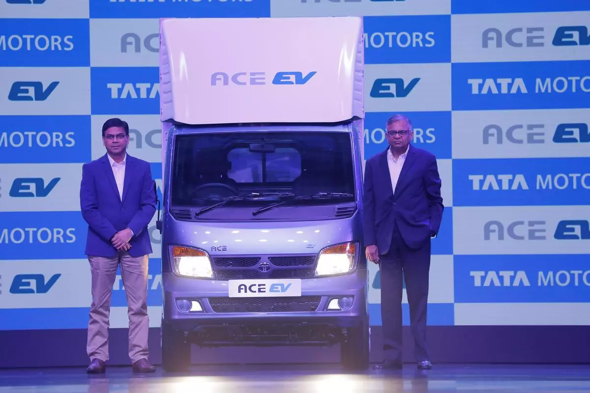 Girish Wagh, Executive Director, Tata Motors with N Chandrasekaran, Chairman, Tata Sons & Tata Motors, at the launch of the Ace EV