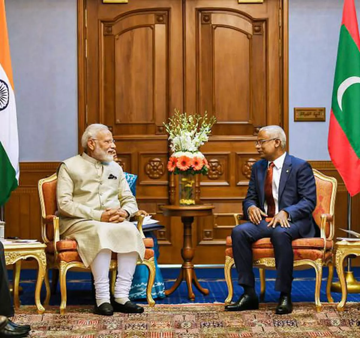 Prime Minister Narendra Modi with President of Maldives Ibrahim Mohamed Solih at Male, in Maldives, on Saturday. - Photo: PIB/PTI 

