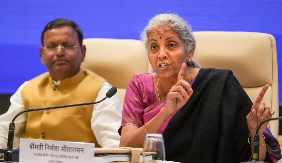 Union Finance Minister Nirmala Sitharaman with Union Minister of State for Finance Pankaj Chaudhary addresses a press conference in Mumbai, Saturday, Feb. 4, 2023. 