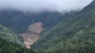 A view of the origin of the landslide at punchirimattom on the Vellarimala hills on August 1. It is reported that a large forest patch with huge trees slid down and it devastated the Chooralmala, Mundakkai and Attamala areas in the Meppadi grama panchayath limits in Wayanad