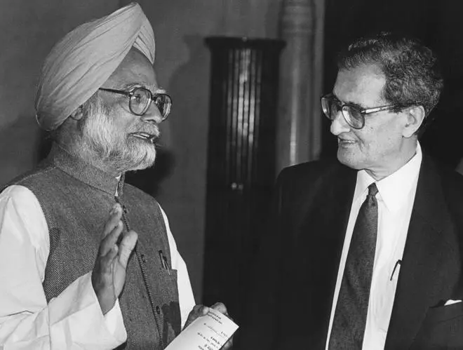 The Nobel Laureate, Prof. Amartya Sen, is seen with Dr. Manmohan Singh after receiving the Bharat Ratna award at the Rashtrapati Bhavan in New Delhi on February 16, 1999.