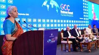 Union Minister of Finance Nirmala Sitharaman speaking at the GCC Business Summit held in Visakhapatnam on Wednesday. Also seen in the picture are Chief Minister N Chandrababu Naidu and CII delegates. Union Minister of Finance Nirmala Sitharaman speaking at the GCC Business Summit held in Visakhapatnam on Wednesday. Also seen in the picture are Chief Minister N Chandrababu Naidu and CII delegates.