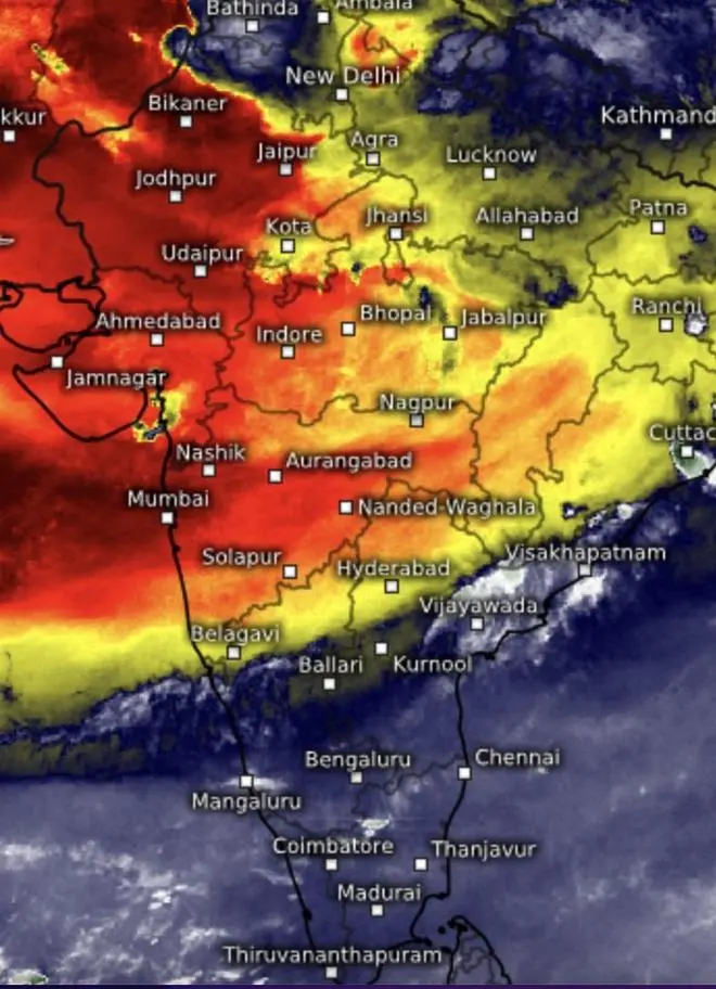 Dry and hot air (deep red and yellow) prevailed over North-West, West, and Central India while a weak rain regime (blue/white) fended it off over South Peninsula as monsoon stalled for a fifth day on Tuesday. Dry and hot air (deep red and yellow) prevailed over North-West, West, and Central India while a weak rain regime (blue/white) fended it off over South Peninsula as monsoon stalled for a fifth day on Tuesday.