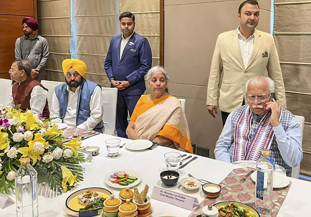 Finance Minister Nirmala Sitharaman with Punjab Chief Minister Bhagwant Mann at the 47th Goods and Services Tax  Council Meeting, in Chandigarh. Haryana CM Manohar Lal Khattar is also seen. 