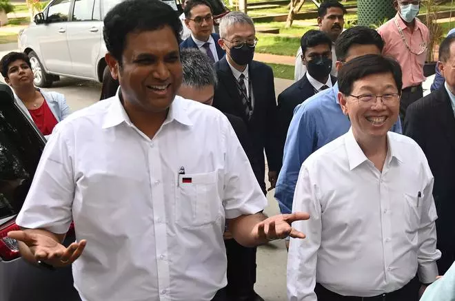 Foxconn Chairman Young Liu and TN Industry Minister TRB Rajaa, interacting with media persons at the IIT Research Park, in Chennai on Monday ( July 31, 2023)