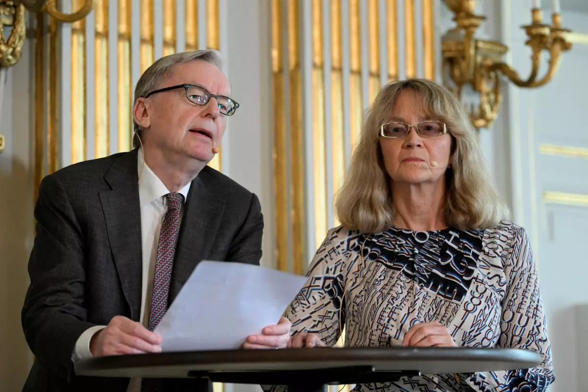 Members of the Swedish Academy Chairman of the Committee for Literature Anders Olsson and member of the Nobel Prize Committee for Literature Ellen Mattson during the announcement of the 2022 Nobel Prize in literature in Borshuset in Stockholm, Sweden, October 6, 2022.  The Nobel Prize Laureate in Literature 2022 is French author Annie Ernaux.  