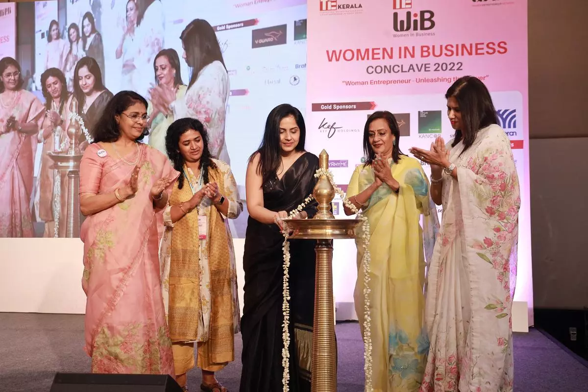 Anisha Cherian, President, Tie Kerala, Maria Abraham, President WEN  Foundation, Mariam Mammen Mathew, CEO - Manorama Online, and Tanvi Bhatt, Personal Branding Coach and Founder, Tanvi Bhatt International at the inaugural ceremony of TiE Women in Business Conclave 2022.
