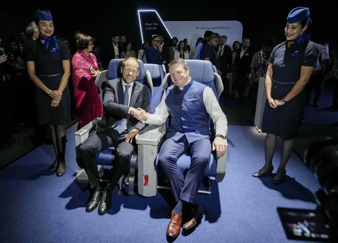 IndiGo CEO Pieter Elbers (R) with Mark Hiller, CEO of RECARO Aircraft Seating and RECARO Holding, during the 18th anniversary function of IndiGo, at Bharat Mandapam in New Delhi, Monday IndiGo CEO Pieter Elbers (R) with Mark Hiller, CEO of RECARO Aircraft Seating and RECARO Holding, during the 18th anniversary function of IndiGo, at Bharat Mandapam in New Delhi, Monday