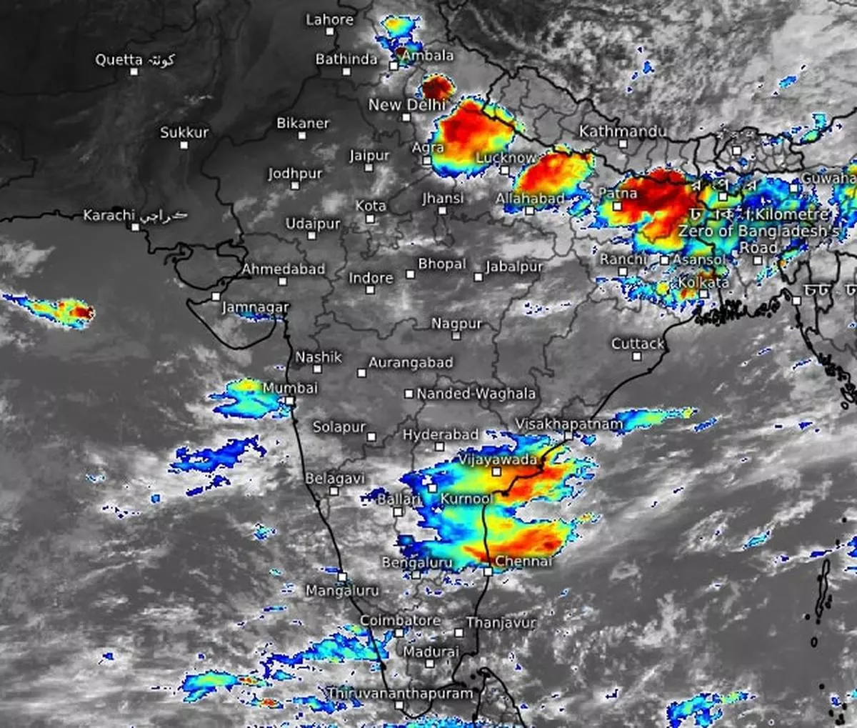 Blobs of heavy thunderstorms lined up the foothills of the Himalayas in West Bengal, Bihar and Uttar Pradesh on Tuesday morning while some showed up over the Andhra Pradesh coast and the adjacent Rayalaseema region. 