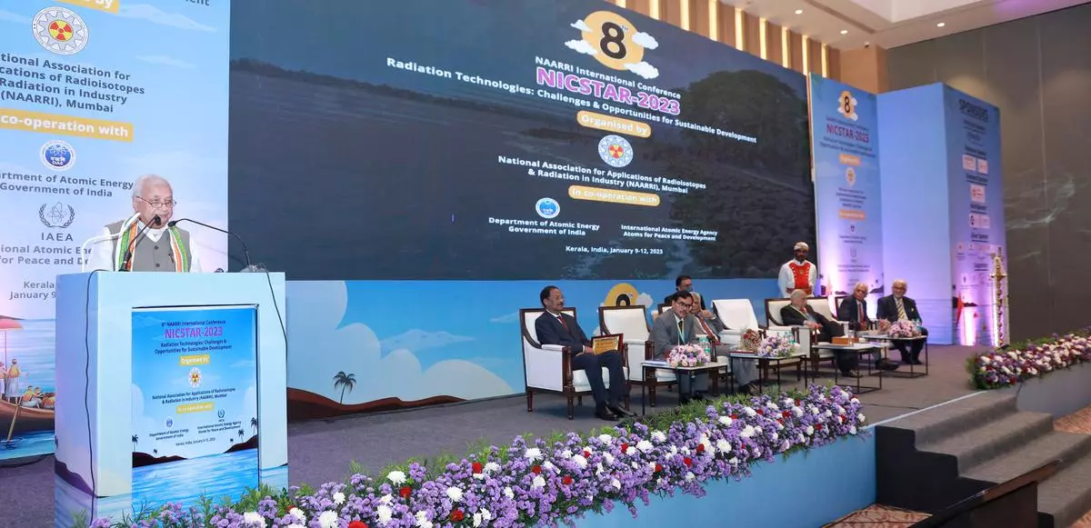 Kerala Governor Arif Mohammad Khan inaugurating the International conference on Radiation Technologies at Kochi.  Also seen ( from left ) P.J Chandy, Secretary, NAARRI, Pradip Mukherjee, Ajit Kumar Mohanty, Director BARC and Member of Atomic Energy Commission, S.A Bhardwaj, former Chairman, Atomic Energy Regulatory Board, A.K Anand, President NAARRI, and Vikram Kalia, Convenor .