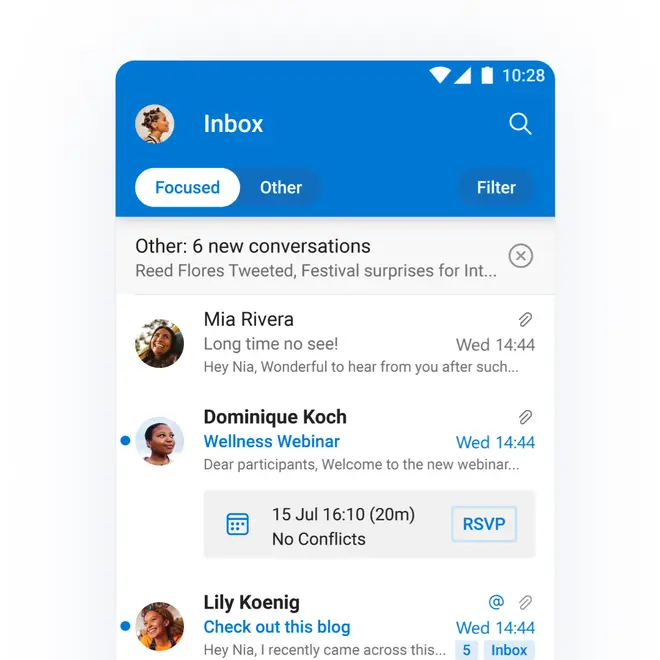 Email inbox window of Outlook Lite app on Android Email inbox window of Outlook Lite app on Android