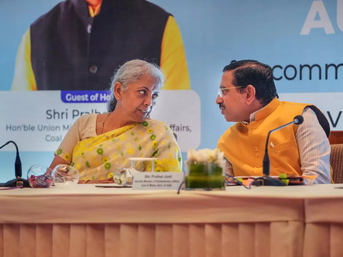 Finance Minister Nirmala Sitharaman with Minister for Coal and Mines Pralhad Joshi during the launch of the sixth tranche of auction for commercial mining of coal, in New Delhi on Thursday