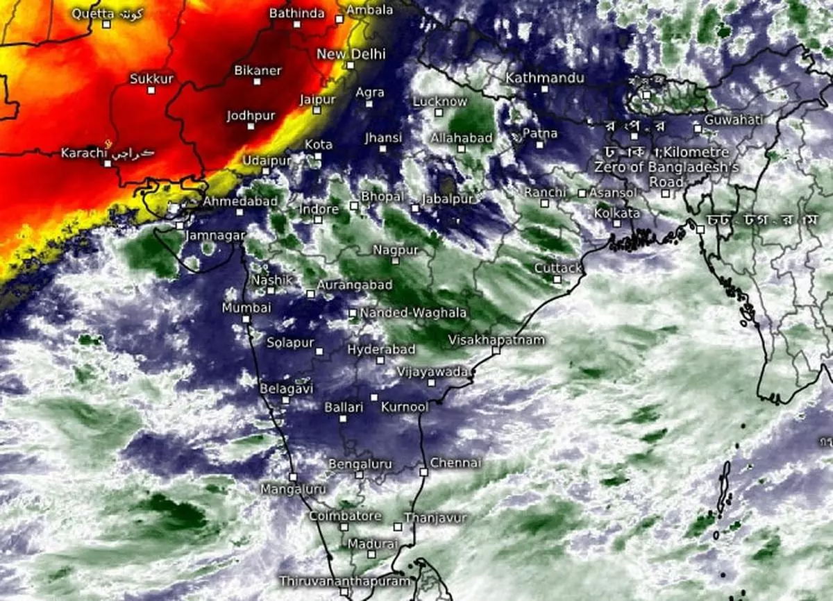 Satellite map on Thursday evening showed monsoon clouds over Central India and the South Peninsula (in green and white) while North Gujarat, Rajasthan and Punjab (in red and yellow) remained beyond monsoon’s reach. 