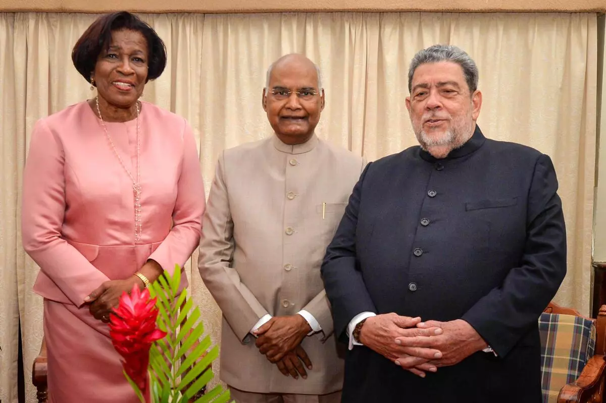 President Ram Nath Kovind meets Dame Susan Dougan, Governor General of St. Vincent and the Grenadines and Prime Minister Ralph Gonsalves, in Kingstown, Thursday, May 19, 2022. (PTI Photo) 