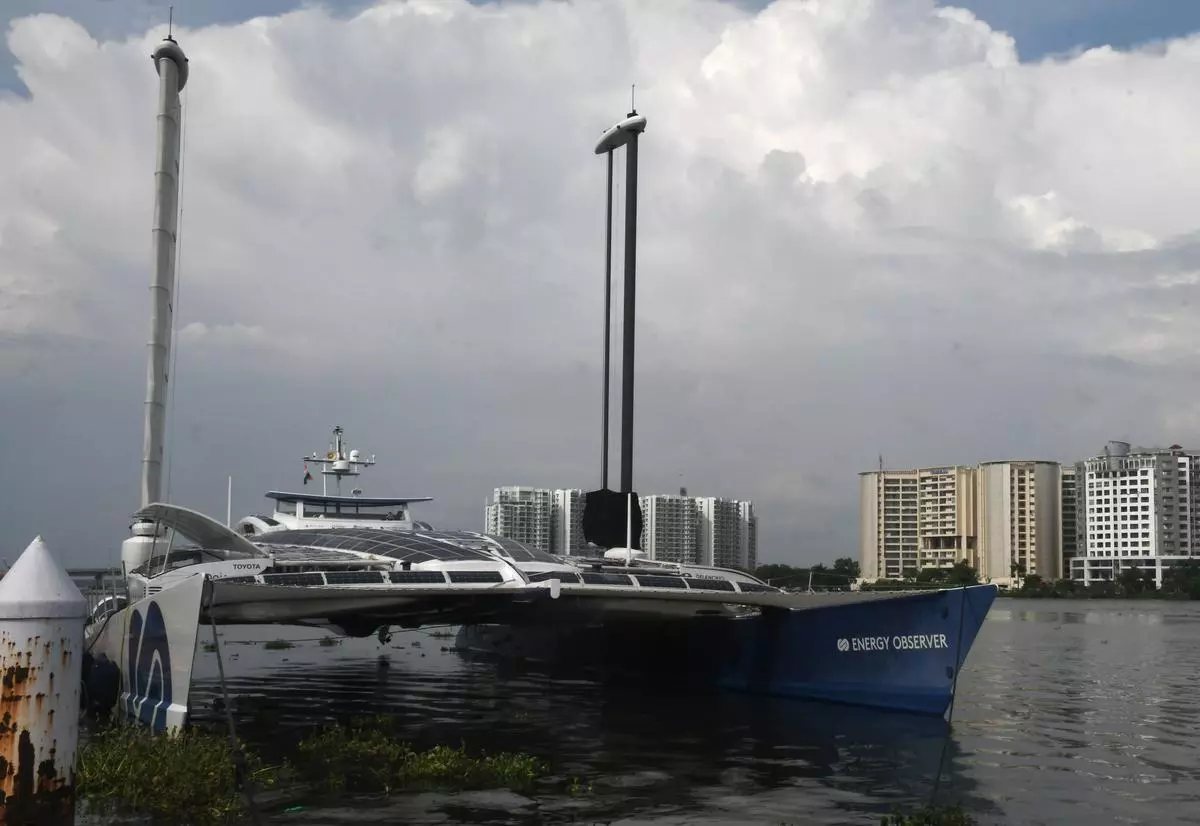 Energy Observer, a zero emission lab vessel which is on a round-the-world Odyssey, that called at Kochi - the sole stopover in India, on Monday.
Photo by Vibhu H.