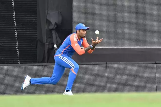 India’s Suryakumar Yadav takking the catch to dismiss South Africa’s David Miller during  the start the ICC Men’s T20 World Cup cricket, final match between India and South Africa , in Barbados on June 29, 2024.