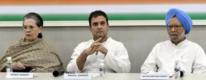 Congress Parliamentary Party (CPP) Chairperson Sonia Gandhi is seen with former Congress President Rahul Gandhi and former Prime Minister Manmohan Singh during the Congress Working Committee (CWC) meeting at the AICC headquarters in New Delhi on August 6, 2019