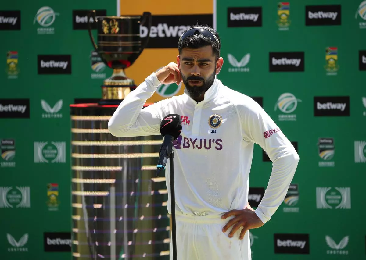 Cricket - Third Test - South Africa v India - Newlands Cricket Ground, Cape Town, South Africa - January 14, 2022
India’s Virat Kohli speaks during the trophy presentation after the match 